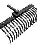 Tow Behind Landscape Rake with 48 Inch working width, 17 steel tines, 2 inch receiver, fits ATV UTV and 3 point hitch, black color.