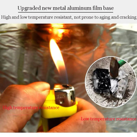 No Fuss Self Adhesive Roof Flashing Tape Rock Solid Bitumen Seal Built Tough For Quick Leak Patching And Window Gap Sealing Weather Ready Super Grippy Roll shown with flame test for high and low temperature resistance.
