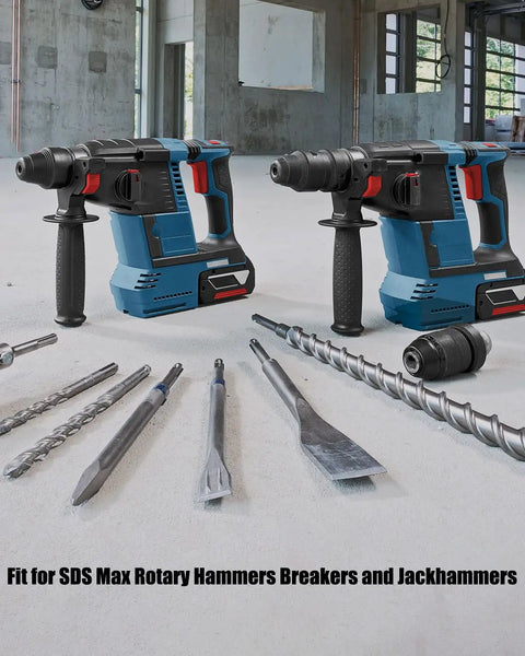 Flat And Pointed SDS Max Chisel Set 24 Inch By 1 Inch Wide For Rotary Hammers Breakers And Jackhammers displayed with rotary hammers