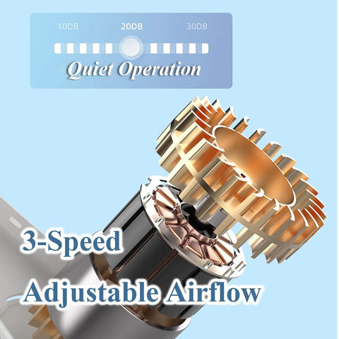 Image of 3-speed adjustable airflow mechanism for the bladeless neck fan highlighting silent operation features.