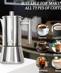 Stovetop Espresso Maker 6 Cup Moka Pot In Stainless Steel For Cuban Cafetera Cubana And Greca De Cafe Induction Compatible