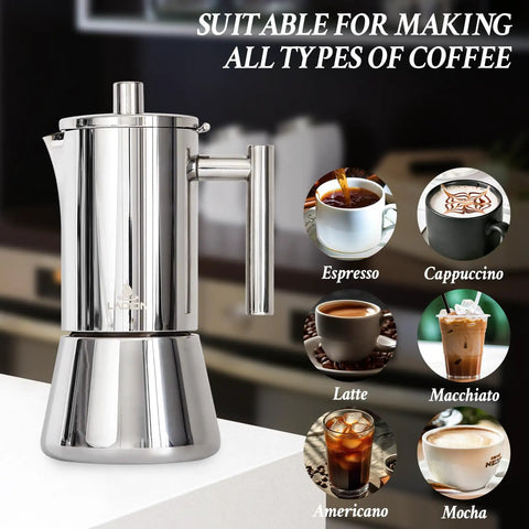 Stovetop Espresso Maker 6 Cup Moka Pot In Stainless Steel For Cuban Cafetera Cubana And Greca De Cafe Induction Compatible