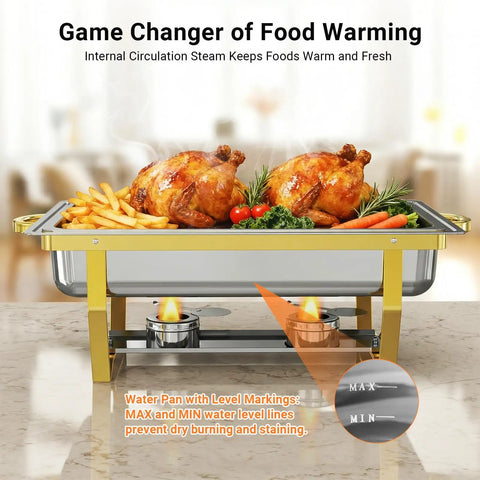 Super Sized Buffet Chafing Dishes Set with 4 full-size stainless steel food warmers showcasing roast chicken and fries