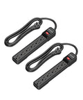 Two Pack 6 Outlet Power Strip Surge Protector With Six Foot Extension Cord, UL Listed, low profile flat plug, black