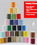 Pyramid of 30 color polyester sewing thread set with 50 yard mini spools, includes needles and threading tool, versatile for sewing.