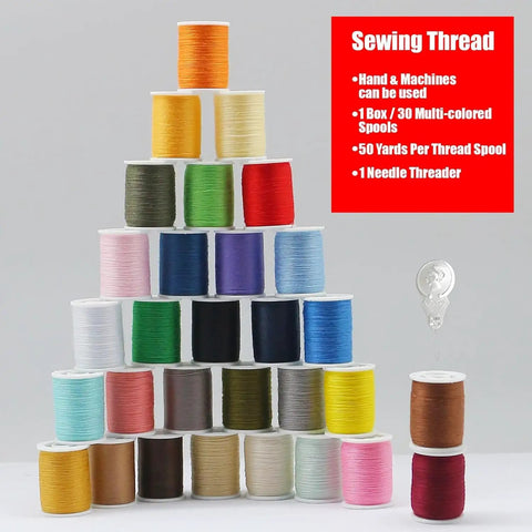 Pyramid of 30 color polyester sewing thread set with 50 yard mini spools, includes needles and threading tool, versatile for sewing.
