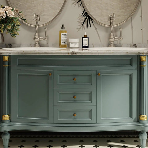 Bathroom vanity featuring 10 Pack Vintage Brass Cabinet Knobs For Dresser Drawers Zinc Handles Petal Shaped Hardware.