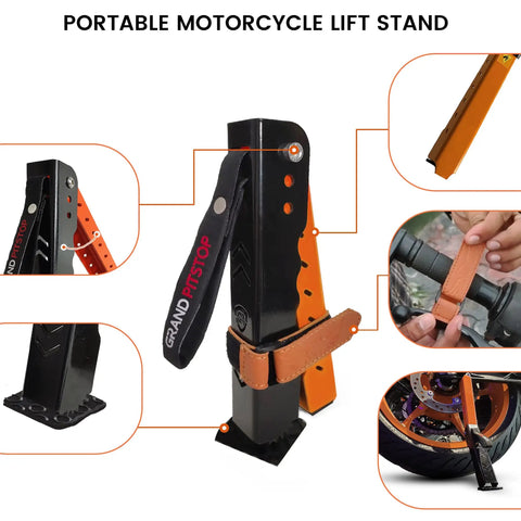 Portable Motorcycle Maintenance Stand With Adjustable Height Lift For Chain Cleaning And Lubrication, compact design, heavy-duty steel