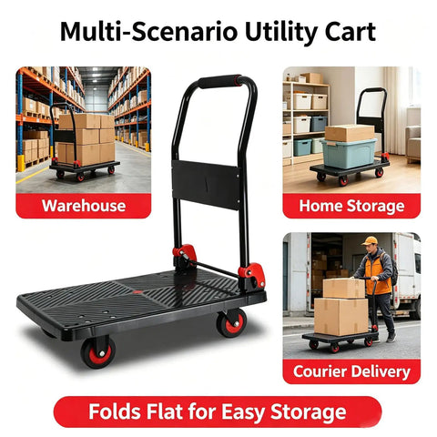 Heavy Duty Folding Platform Hand Truck With Foldable Handle, Flatbed Dolly Cart With Silent Wheels, Workhorse Portable Moving Trolley For Warehouse, Office, Home And Luggage, Easy Storage, 73 By 47 in warehouse, home and courier use