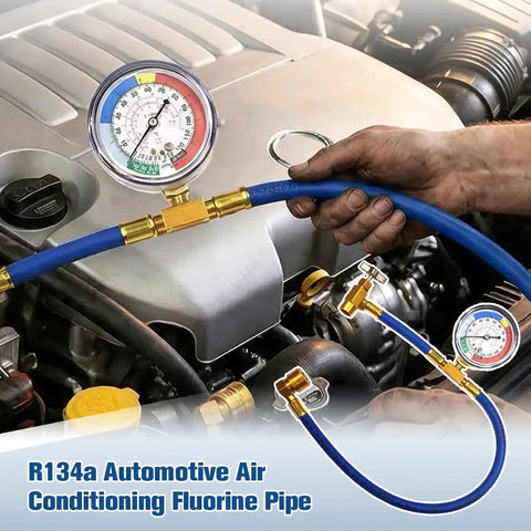 15.75 Inch R134a AC Charge Hose Kit With Pressure Gauge For Auto Air Conditioning Service Heavy Duty Aluminum Construction Leak Proof Fittings Quick Connect Ends Go To Tool For Your Shop Or Home Garage Easy To Use, hose on car engine