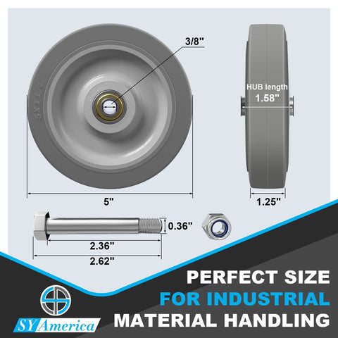 Heavy Duty 5 Inch Tpr Caster Wheels 100 Pack Quiet Non Marking Replacement Casters For Cart Dolly Workbench Zero Drag Hella Smooth Roll Industrial Utility Gear dimensions showing size and details.