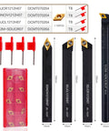 Front view of CHAWNIAO indexable lathe turning tool kit, 1/2 in shank; 4 black holders, 10 carbide inserts in red case