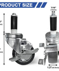 Heavy Duty 3 Inch Expanding Stem Casters With Side Brake, Smooth Rolling Furniture Wheels For Pipe Legs, 250 Lb Load Per Wheel, No Sweat Quick Install Kit, Set Of 4 Tough As Nails Industrial Swivels size illustration showing dimensions and details