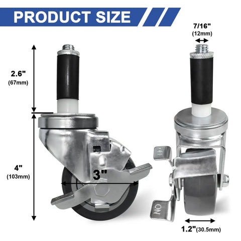 Heavy Duty 3 Inch Expanding Stem Casters With Side Brake, Smooth Rolling Furniture Wheels For Pipe Legs, 250 Lb Load Per Wheel, No Sweat Quick Install Kit, Set Of 4 Tough As Nails Industrial Swivels size illustration showing dimensions and details