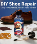 Heavy Duty Shoe Glue for Boots and Sneakers with applicator near a shoe, rubber bands, and cloth on a table