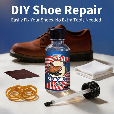Heavy Duty Shoe Glue for Boots and Sneakers with applicator near a shoe, rubber bands, and cloth on a table