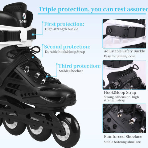 Unisex Inline Skates For Men And Women Fitness Rollerblades For Outdoor Speed Training Beginner Friendly White Size 8.5 Men 9 Women, detailing triple protection system.
