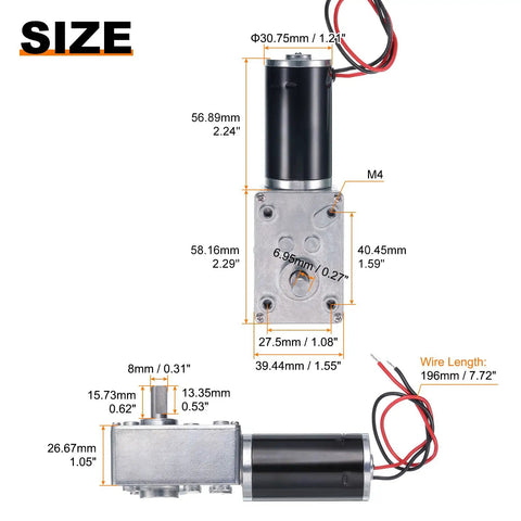 Detailed diagram of 12V High Torque Turbine Worm Geared Motor 8mm Shaft 50 RPM with measurements and wire length