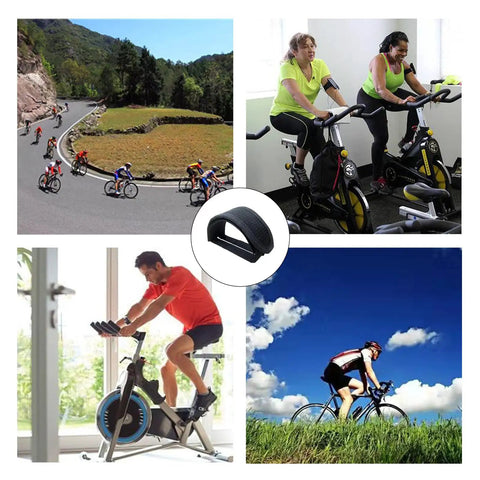 One Pair Bike Pedal Straps Toe Clips With Adjustable Grippy Anti Slip Tape shown with cyclists on outdoor and indoor bikes