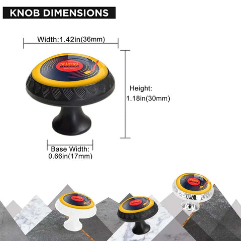 Straight Up Game Changing 6 Pack Designer Cabinet Knobs showcasing bold yellow vinyl records in measurements with smooth black base.