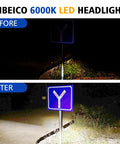 Before and after night road sign visibility with Rad Power Bikes Headlight Replacement Kit 6000K LED Waterproof Headlamp.