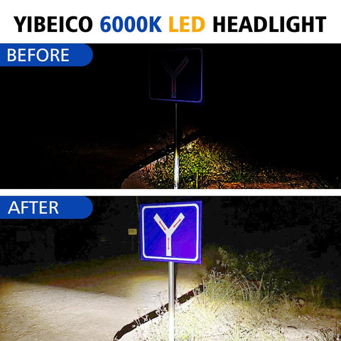 Before and after night road sign visibility with Rad Power Bikes Headlight Replacement Kit 6000K LED Waterproof Headlamp.