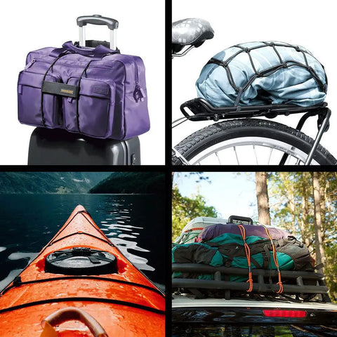 Heavy Duty Bungee Cord One Eighth Inch By 100 Feet Elastic Shock Rope securing luggage, bike gear, kayak, and roof cargo.