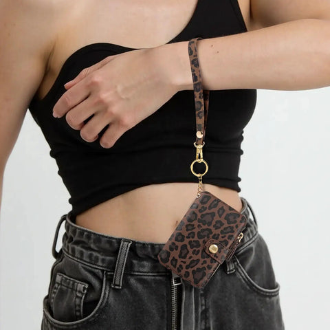 Streamlined Rfid Blocking Keychain Wallet With Genuine Leather Wrist Strap worn on wrist, showcasing leopard print design and card slots.