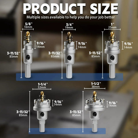 Carbide Hole Saw Set 5 Pc Kit With TCT Tips For Stainless Steel Iron Aluminum Plastic, 5 sizes shown: 5/8 to 1-1/2 inches.