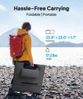 Person carrying Portable Solar Generator Kit With 2304Wh LFP Battery, 200W Foldable Solar Panel on rocky shore