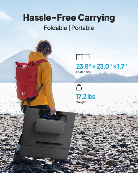 Person carrying Portable Solar Generator Kit With 2304Wh LFP Battery, 200W Foldable Solar Panel on rocky shore