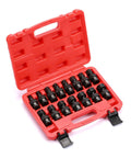 Red case containing Shallow Universal Impact Socket Set Built Tough 3/8 Inch Drive, 6 Point, Metric 8-22mm, CR-MO Steel, 15-piece