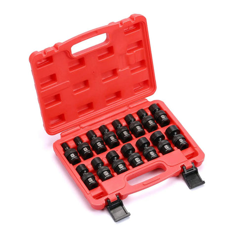 Red case containing Shallow Universal Impact Socket Set Built Tough 3/8 Inch Drive, 6 Point, Metric 8-22mm, CR-MO Steel, 15-piece