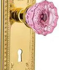 Meadows Plate With Keyhole Passage Crystal Pink Glass Door Knob In Unlaquered Brass Two And Three Eighths Backset For Hallway Or Closet Doors