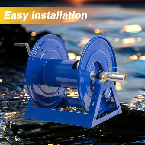 Half Inch Stainless Steel High Pressure Hose Reel Swivel Fitting Joint Heavy Duty With Grease Fitting And Ball Bearing Swivel Mechanism Leak Proof Half Inch NPT Thread Built For Tough Jobs And Real World Use on blue hose reel