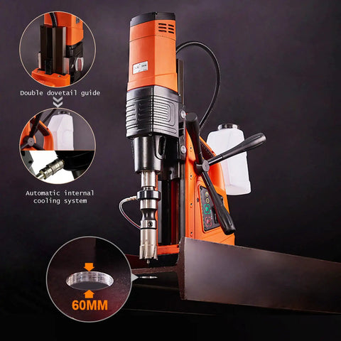 Powerful 1500W Electric Magnetic Drill Press With Heavy Duty Copper Motor For Super Strong Drilling Power showing double dovetail guide and cooling system.