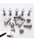 Grind Ready 304 Stainless Steel Knife Handle Fasteners Pack Of 10 Sets scattered showing rivets and screws with knife tools.