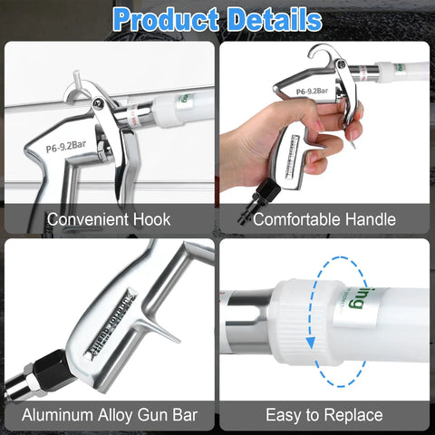 Car Cleaning Gun High Pressure Air Blower details showing hook, handle, alloy gun bar, and replaceable parts