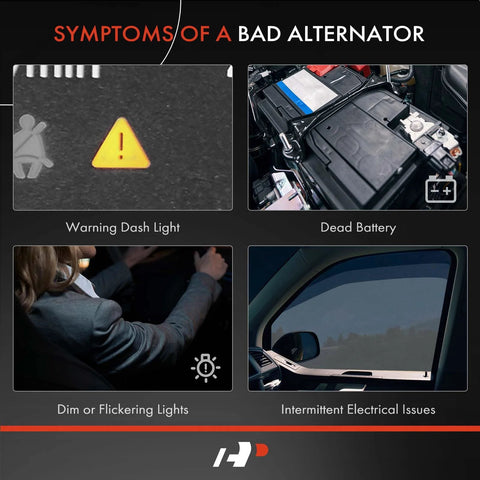 Symptoms of a bad alternator: warning dash light, dead battery, dim or flickering lights, intermittent electrical issues