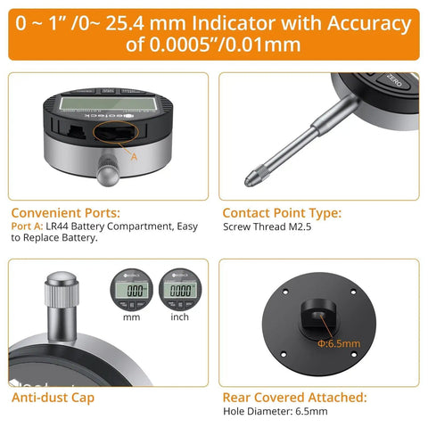 Digital Dial Indicator Gauge for Table Saws 0-1 Inch shown with close-up details of features and parts, 0.0005 inch accuracy.