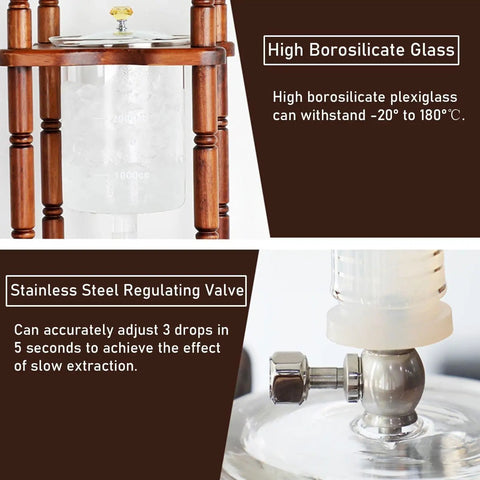 Close-up of Retro Wood And Glass Cold Brew Coffee Tower Boasts Top Shelf Chill Vibes Adjustable Stainless Steel Drip Valve, showing borosilicate glass and valve.