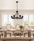 Dining room with Six Light Farmhouse Wagon Wheel Chandelier for Dining Room and Kitchen Island Pendant Lights in modern black metal