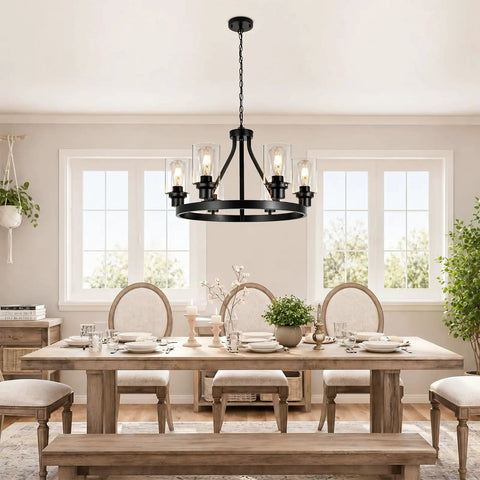 Dining room with Six Light Farmhouse Wagon Wheel Chandelier for Dining Room and Kitchen Island Pendant Lights in modern black metal