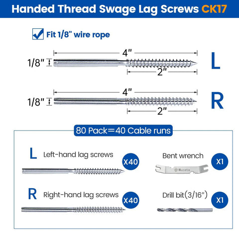 Diagram of 80 Pack One Eighth Inch Cable Railing Hardware Kit With Swage Lag Screws Left And Right Handed Threads For Wood Posts