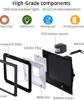 JUDYSSY Solar Flood Lights 20W Warm White Led Spotlight with Motion disassembled parts including Epistar chip and covers.