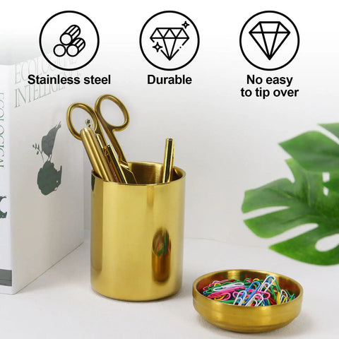 Gold Desk Organizer Set For Office 2-Piece Luxury Paper Clip And Pencil Holder Cup on desk with plant, book, and stainless steel icons.