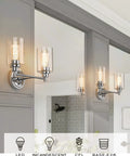 Sleek Modern Two Light Vanity Lights Over Mirror With Chrome Finish And Clear Glass Shades Contemporary Wall Sconce Durable Metal Housing Easy Install Model 4FYC56B-2W CH