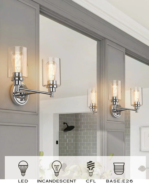 Sleek Modern Two Light Vanity Lights Over Mirror With Chrome Finish And Clear Glass Shades Contemporary Wall Sconce Durable Metal Housing Easy Install Model 4FYC56B-2W CH