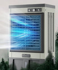 Quiet Portable Evaporative Air Cooler With Rollers And Large Water Tank Brings Kickin Cold Breeze To Home Office, showing airflow effect.