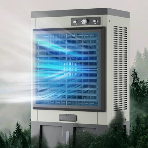 Quiet Portable Evaporative Air Cooler With Rollers And Large Water Tank Brings Kickin Cold Breeze To Home Office, showing airflow effect.